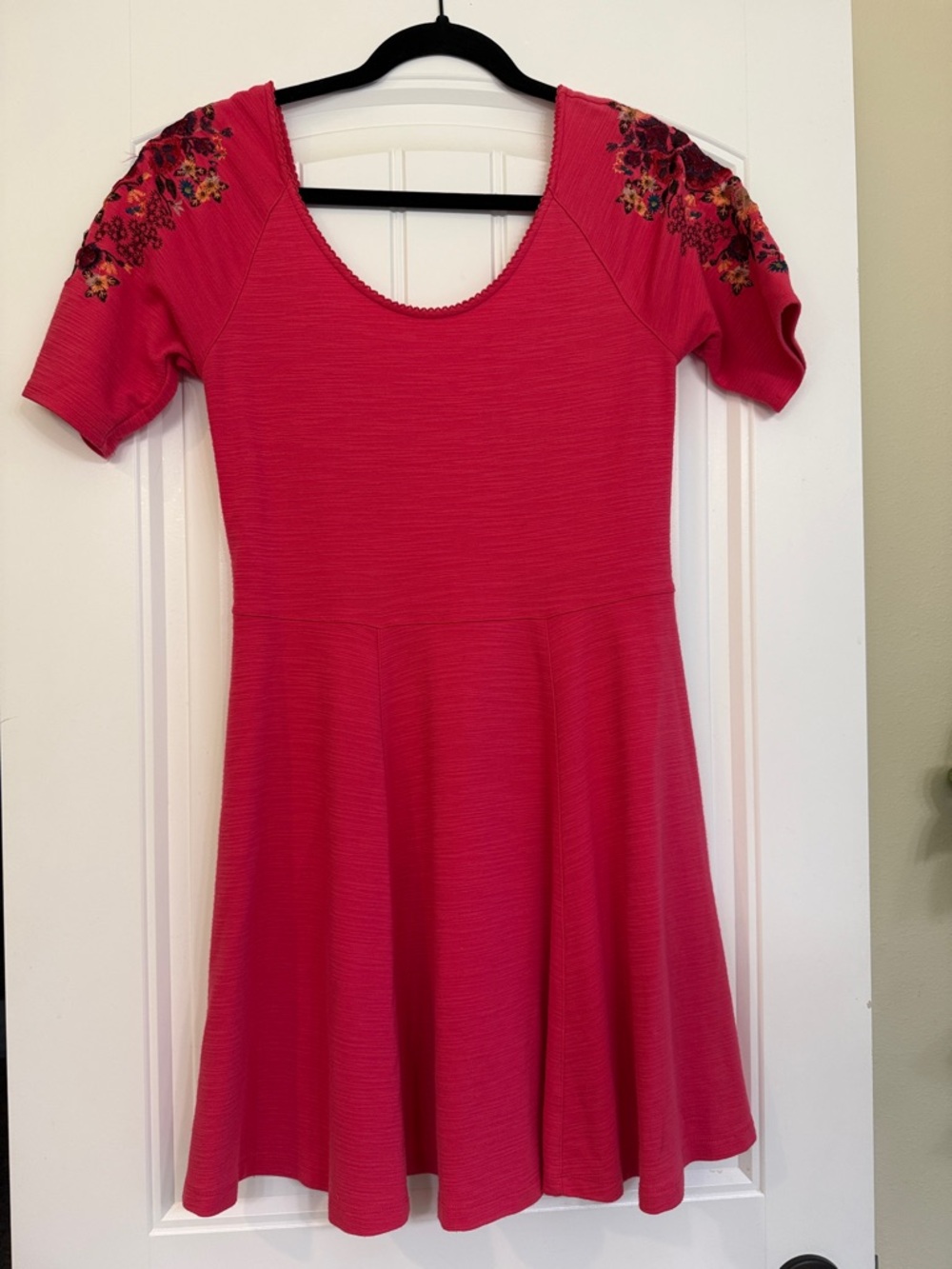 Free People Fuchsia Midi Dress with Floral Embroidered Shoulders